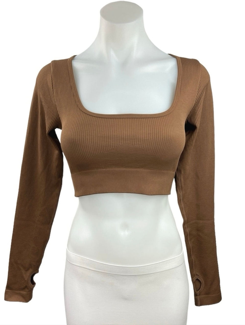 OQQ Crop Top Ribbed Seamless Workout Underscrub Long-Sleeve Brown Small - Picture 3 of 6